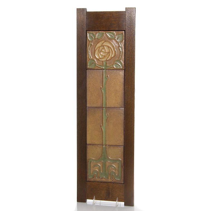 4 Rookwood Architectural tiles, Scottish Rose, 24x6”: Nice set of four Rookwood Architectural Faience tiles representing a stylized Scottish rose, done in rich earth tones. Marked Rookwood on the back of each tile. Overall size of just the tiles is 24 by