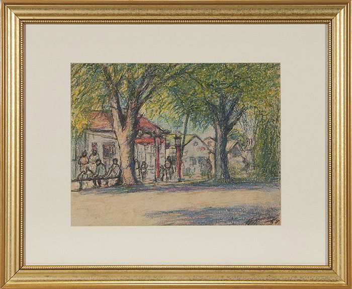 E.T. Hurley pastel on paper, framed, 1938, signed: Original pastel painting on paper of a park scene done in 1938 by Rookwood artist, E.T. Hurley. Signed and dated lower right, the work is originally from the Hurley family but has been reframed in the