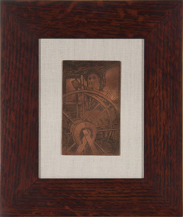 E.T. Hurley etching plate, Anderson Ferry Captain: E.T. Hurley etching plate with the image of what is said to be Captain Kohlmeyer, pilot of Cincinnati’s own Anderson Ferry. The Captain (with long white beard) is pictured inside the pilot house, ha