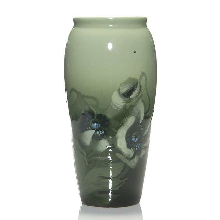Weller Eocean vase, gray poppies, 12”, 526: Weller Eocean vase decorated with gray fully developed poppies having blue and black centers. Height 12 inches. Impressed “Weller Ware” and hand incised 526 beneath. Aside from stray color, excell
