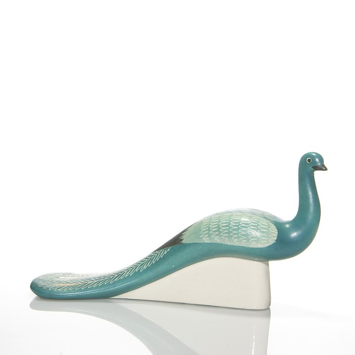 Waylande Gregory polychromed peacock, 9 1/4”: Waylande Gregory Post Cowan peacock figural. Gregory used a white high glaze on the base and turquoise, black, white and gold glazes on the bird. Signed “Waylande Gregory New York” on the bottom i