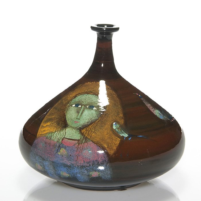Pillin vase, woman, horse, bird, 7”: Polia Pillin vase decorated with a large bird, a woman in a brightly colored dress with a small bird in her hair, and a large horse. Signed Pillin on the bottom in black slip. Height is 7 inches. In e