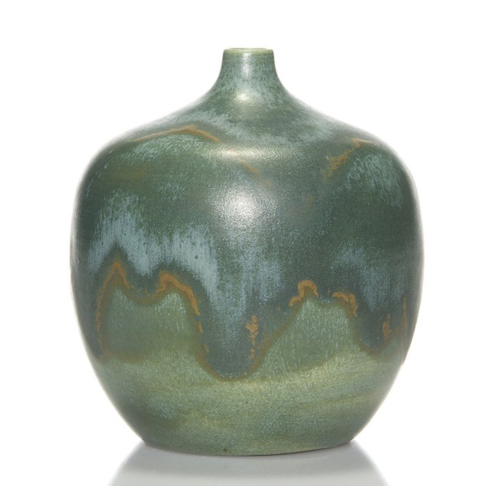Pillin “glaze effect” vase, crystallization, 5 1/2”: Polia Pillin bulbous 5 1/2 inch vase covered with dark over light green mat glazes, resulting in tan outlines and good crystallization. Signed Pillin on the bottom in black slip. Nice early piece of P