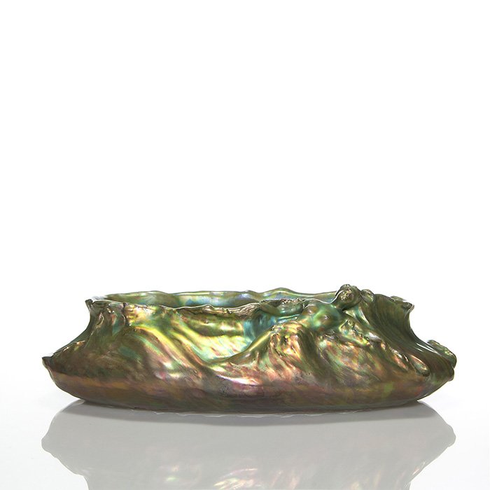 Large Massier bowl, woman in waves, 1901, 5”X17”: Large Clement Massier center bowl with the figure of a woman drifting upon the ocean waves. Measures 5 inches by 17 inches by 10 inches. Incised “MCM 1901 V” and by hand in luster “M.C.M. Golfe