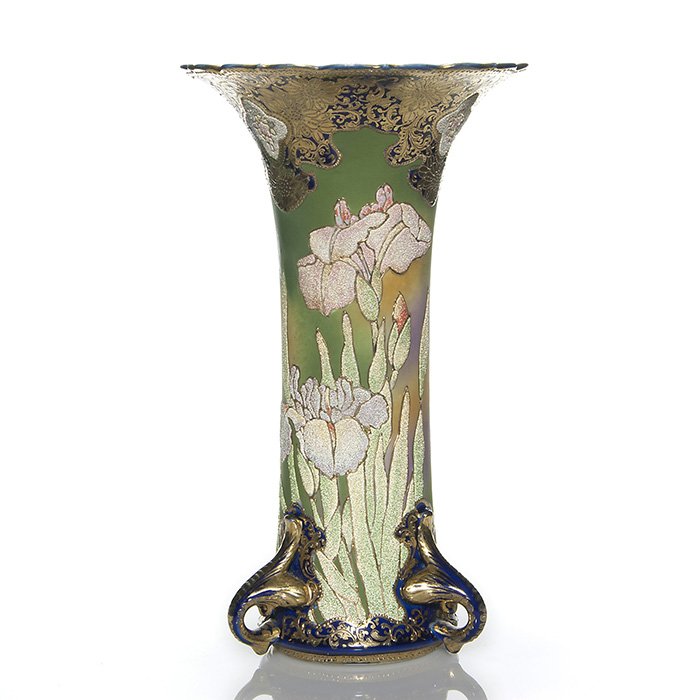 Nippon Coraline vase, irises, gold trim, 14”: Large Nippon Coraline vase nicely decorated with a growth of irises front and back. In gold over cobalt blue are three fleur-de-lis ornaments at the base and decorative trim inside and out on the 8 1/