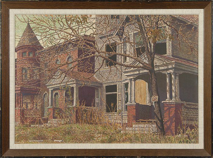 Harry Davis watercolor, Old House, Indianapolis: Harry Allen Davis (Indianapolis 1914-2006) watercolor, circa 1990 showing an abandoned house, most likely somewhere in Indianapolis. Signed lower right. Sight size is 22 3/4 by 32 3/4 inches. Ex.Col.
