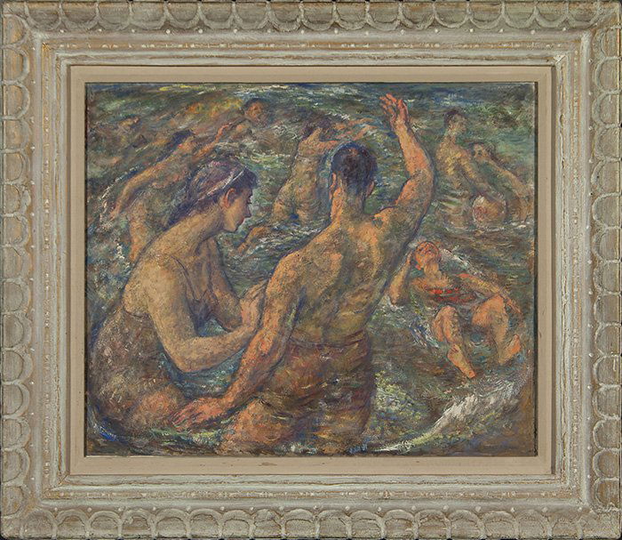 Harry Davis O/Masonite, “The Swimmers” 24x30”: Early Harry Allen Davis (Indianapolis 1914-2006) oil on masonite entitled “The Swimmers” done in 1956. Signed lower right, the work is titled and dated by two original card labels on the back. Sig