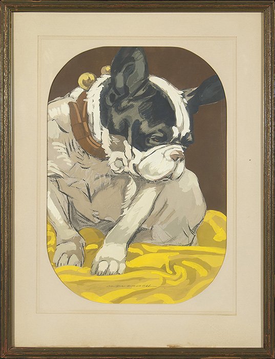 Marcel Dudovich gouache, Bulldog, 18 x 12 1/2”: Marcello Dudovich (Marcel Dudovitch Italian 1878-1962) gouache on paper picturing a French bulldog pup. Signed lower center. Sight size is 18 by 12 1/2 inches. With frame 25 by 19 1/4 inches. Nice ori
