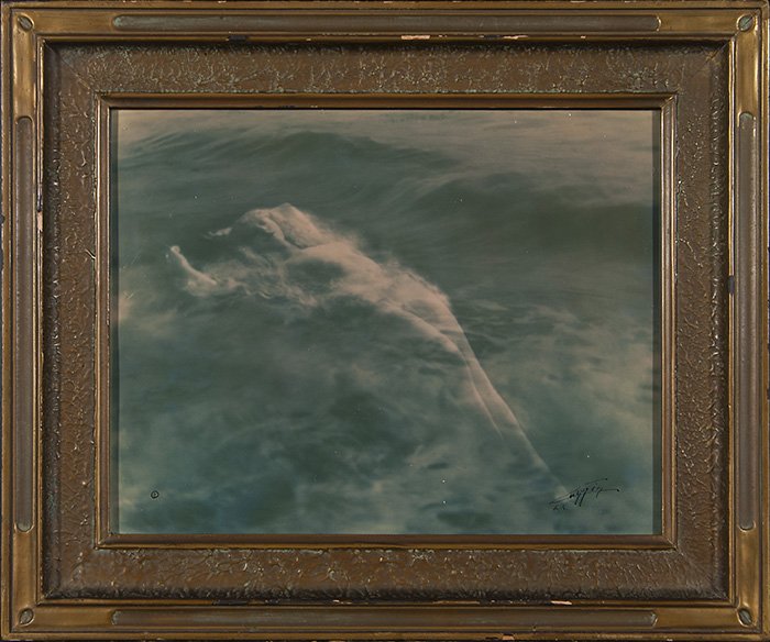 Edward Sheriff Curtis “Aphrodite” gelatin silver print: Edward Sheriff Curtis gelatin silver print (bluetone) entitled “Aphrodite” done, circa 1910. Signed in ink “Curtis L.A.” lower right along with copyright symbol in ink, lower left. Sight size 