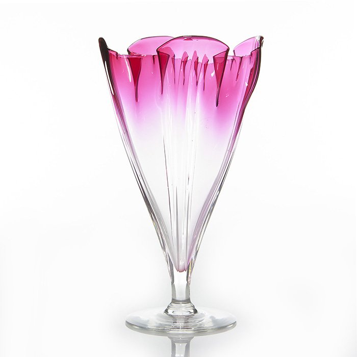 Steuben “Grotesque” vase, Gold Ruby, 11”, signed: Steuben gold ruby “Grotesque” vase with a gathered “handkerchief” rim and ribbing down four sides. Measures 11 inches by 6 1/4 inches across. Acid stamped “Steuben” in script lettering. Gr
