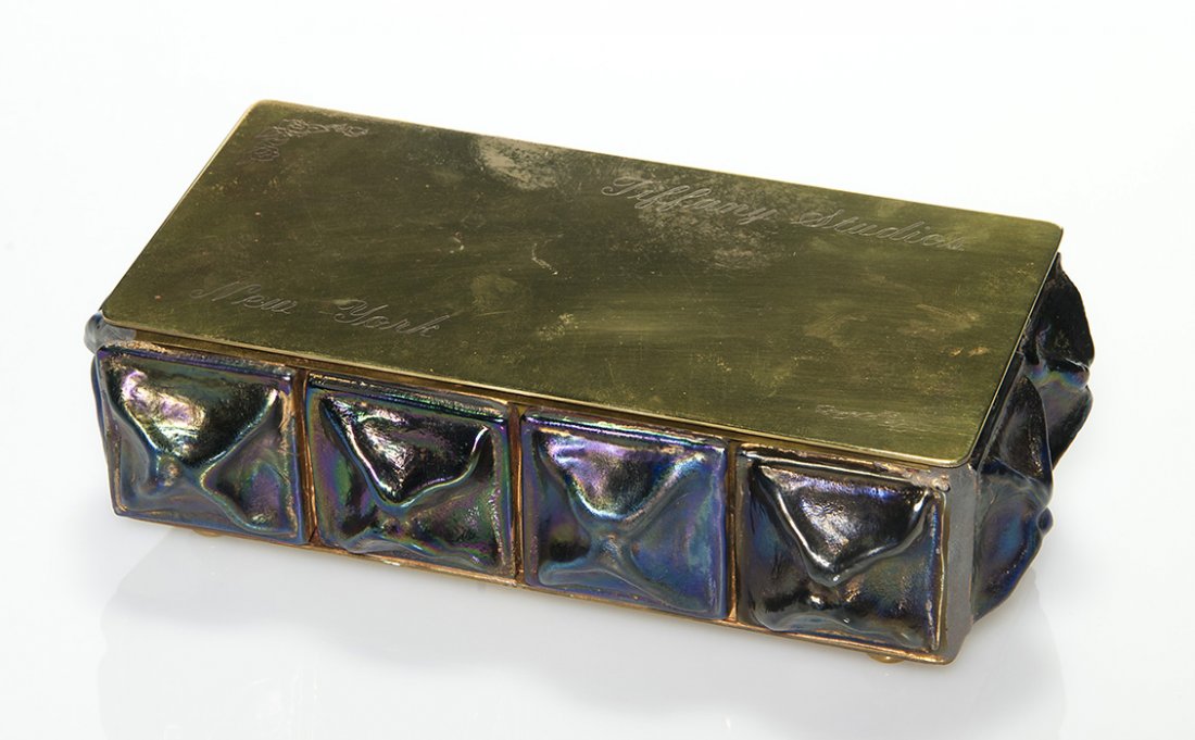 Tiffany Turtleback box,12 inserts,2 1/2” x 9” x 5 1/4”: Aristocratic Tiffany Studios Turtleback and bronze utility box adorned with a dozen well defined inserts encircling the circumference. The inserts are black purple with good texture and reflect a beau