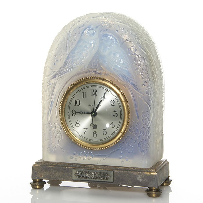 Sabino “Love Birds” mantle clock, 10 1/4”, Hammond: Marius-Ernest Sabino attributed night light mantle clock. The opalescent dome is molded with a pair of love birds perched in and enclosed by flowering branches and mounted over a metal base with level