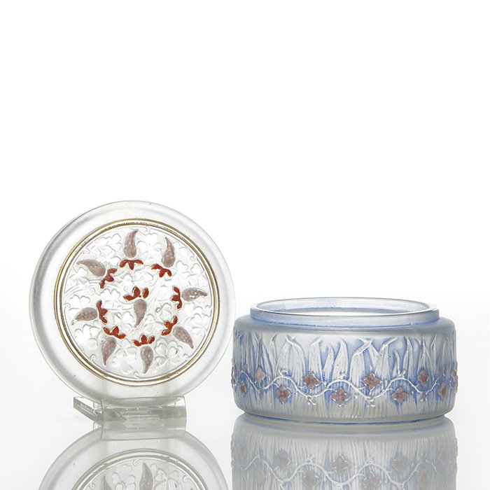 Julian Viard frosted covered box, enamel, 2 3/8”: Julian Viard frosted covered box molded and colorfully enameled with leaf blades and flowers with blue tint on the box, the lid having shamrocks and wild carota and gold enhancement. Measures 2 3/8 in
