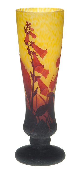 Daum Nancy cameo vase, foxgloves, 17 1/4”, signed: Impressive Daum Nancy cameo vase decorated with life size stalks of red foxglove and blackened foliage silhouetted against a brightly mottled golden yellow backdrop. Measures 17 1/4 inches, the rim 5