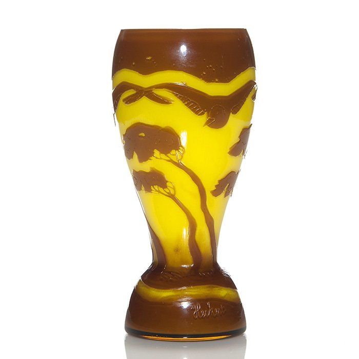 Fritz Heckert cameo vase, fire polished, scenic, 8”: Fritz Heckert fire-polished Bohemian cameo vase with three large birds flying above an island of windswept trees done in caramel brown over a bright lemon yellow. Height 8 inches. Teensy open bubble &