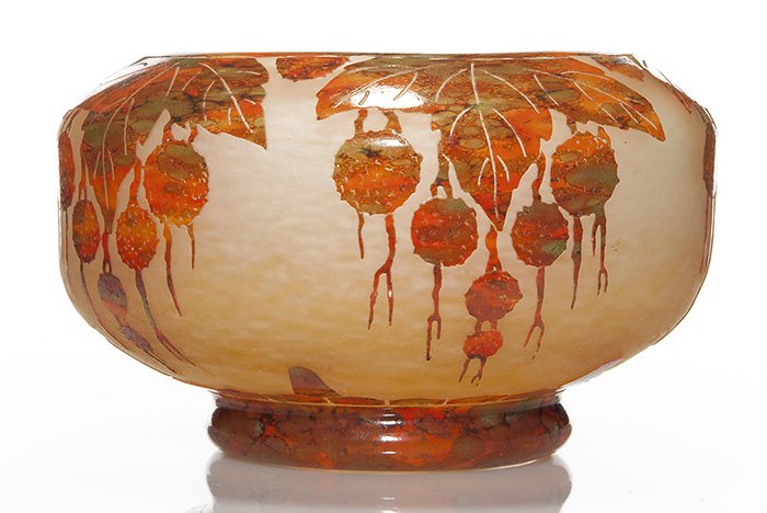Charder Art Deco vase, chestnuts, 6 1/2” X 12”: Monumental Charder Art Deco cameo vase on foot featuring chestnut foliage and fruit nuts in a repeating design about the shoulder. The glossy design, done in pleasing autumnal colors, is set against a