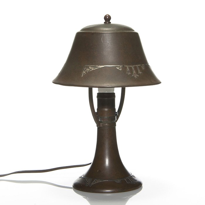 Heinz or Silvercrest lamp, bronze, silver, 11 1/2”: Arts & Crafts bronze lamp with applied sterling trim, a Heinz or Silvercrest attribution. Unmarked but in good working order. Height 11 1/2 inches. Good patina with minor abrasion or two and a small d