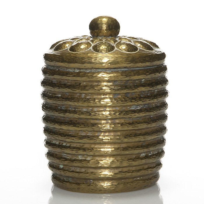 Wiener Werkstatte Secession copper container,lid, 7”: Good Wiener Werkstätte Secessionist copper container resembling a coil of rope, the lid having a raised open flower design, the surface textured with a precise hammered motif. Measures 7 inches by 5 