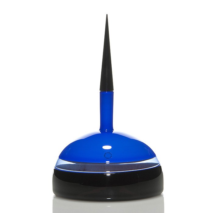 Timo Sarpaneva “Luoto” flask, 14 1/2”, 1990, signed: Timo Sarpaneva “Luoto” stoppered flask, the artist utilizing the “incalmo” technique, fusing sections of black amethyst, clear and sapphire blue to form as one unit. Measures 14 1/2 inches tal