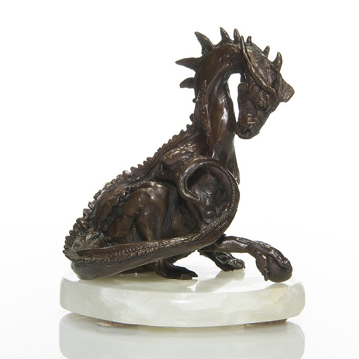 James Herrmann bronze Mother Dragon,egg, onyx,7”: James Herrmann bronze sculpture of a mother dragon gently caressing her egg. She and the little one are mounted upon a custom white onyx base hand carved by James Herrmann. Combined height is 7 inches