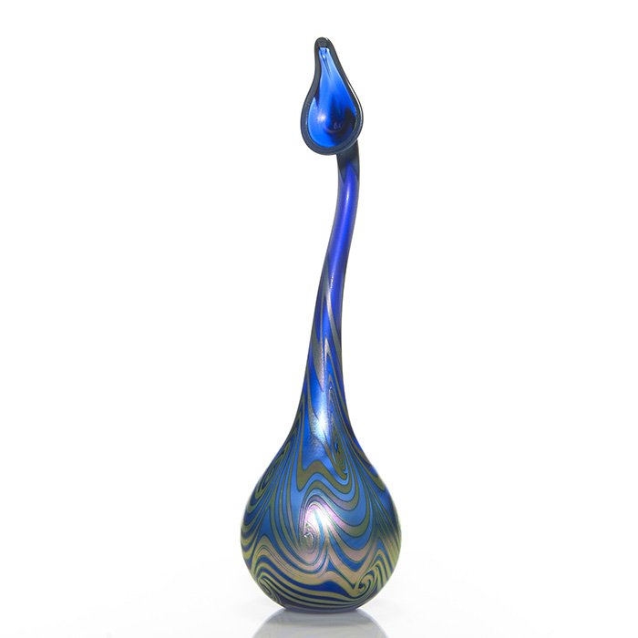C. Lotton Persian “Water Sprinkler” vase, 15”, 1986: Early Charles Lotton Persian “Water Sprinkler”, a lovely shade of sapphire blue with the “King Tut” pattern in silver drifting over the surface. Height 15 inches. Nicely reflects magenta and p