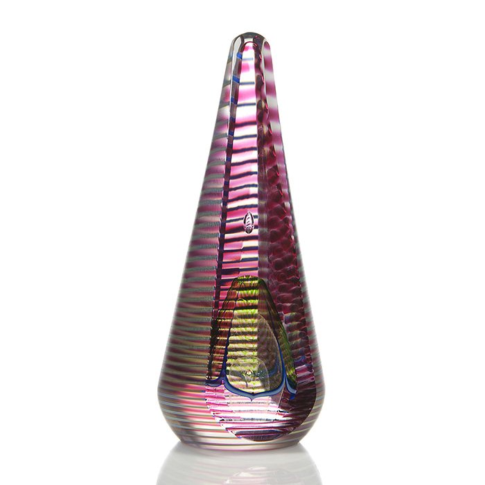 S.Abelman obelisk,veils, cut & polished,decor, 8 1/2”: Stuart Abelman obelisk paperweight revealing a solitary teardrop suspended over two ghostly iridescent veils enclosed by a see through pull feather shade. The interior is viewed from a trio of cut & p