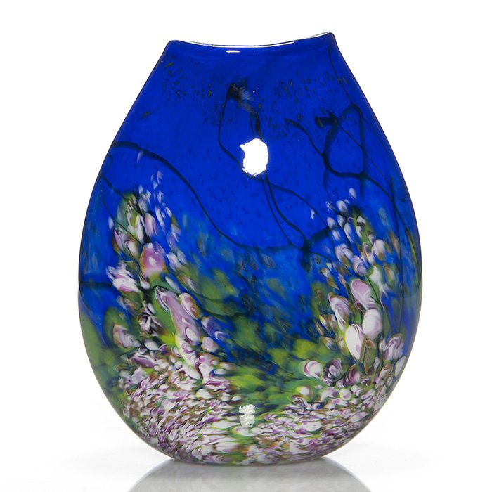 John Fields Monet Series pillow vase, 9 1/2”, signed: John Fields “Monet Series” pillow vase with gardens of pink flowers beneath a deep blue sky. White mottled interior. Height 9 1/2 inches. Engraved “Fields & Fields, 2001”. Excellent beautiful