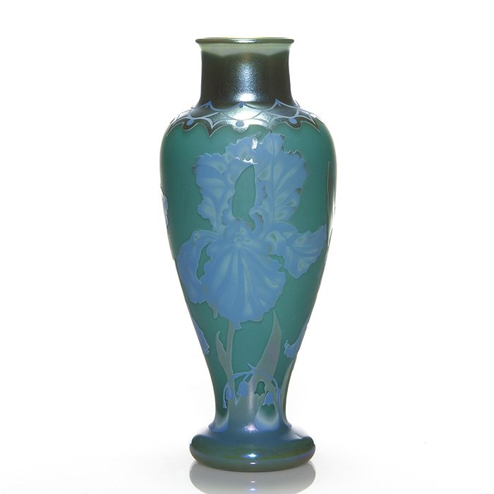 Orient & Flume cameo vase, irises, K. Orme, 10 1/2”: Orient & Flume 3 color cameo vase, created in 1979 by Kathy Orme who carved life size irises in blue over a nice turquoise backdrop and trimming the rim in aurene blue with a simple design. Height 10