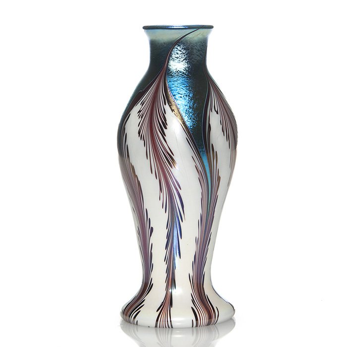 Orient & Flume blue/white feather vase,1975, 8 7/8”: Early Orient & Flume Iriscene vase with wide ivory color plumes bordered with burgundy feathers, the shoulder a beautiful aurene blue. Height 8 7/8 inches. Engraved “Orient & Flume, 1975, G, 101”