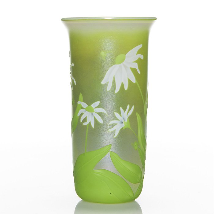 Orient & Flume cameo vase, Sillars, 8 3/4”, 1980: Early Orient & Flume “Iriscene” cameo vase created in 1980, the collaboration of Bruce Sillars and Dan Shura placing a growth of daisies and the visitation of seven honey bees (engraved by Dan) ab