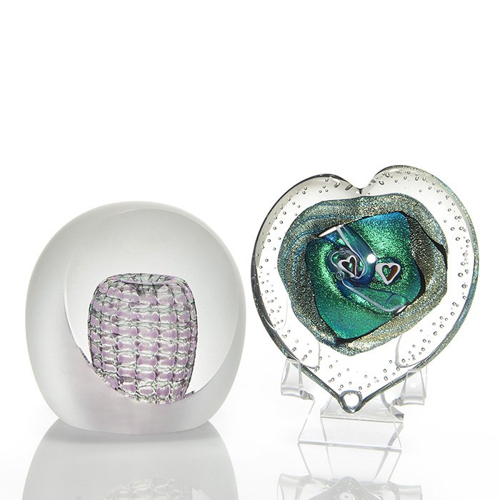 2 paperweights: Randy Strong + Philabaum: Two paperweights. 1) A 4 inch signed R.(Randy) Strong, 1998 large “Heart” with silver and turquoise patches with 2 hearts and bubble surround. 2) A 3 3/4 inch signed (Tom) Philabaum, 2007 frosted 