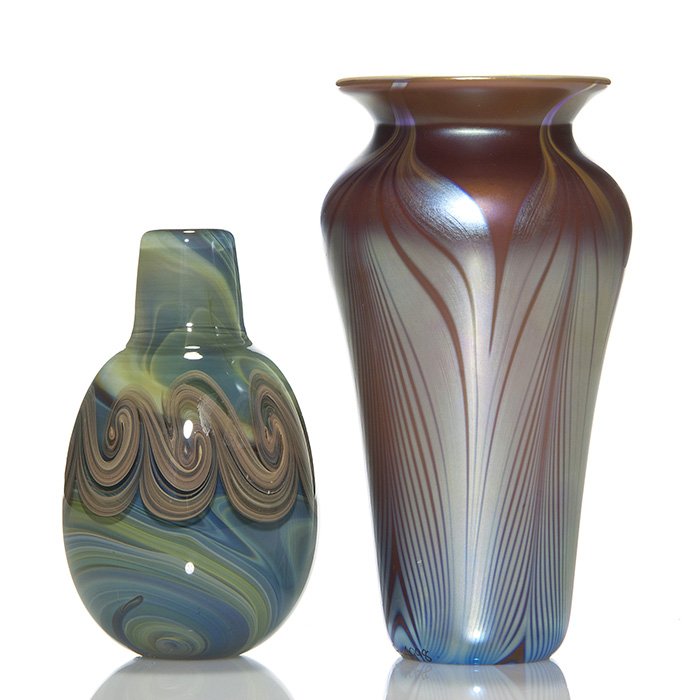 2 vases: 7” Carlson & 5 1/4” Byron, signed: Two early contemporary vases. First a 7 inch cased vase by Donald Carson in 1976 with silvery feathers pulled over mahogany and a marigold interior. Signed “Carlson, 4998, ‘76”. Second a 5 1/4 i