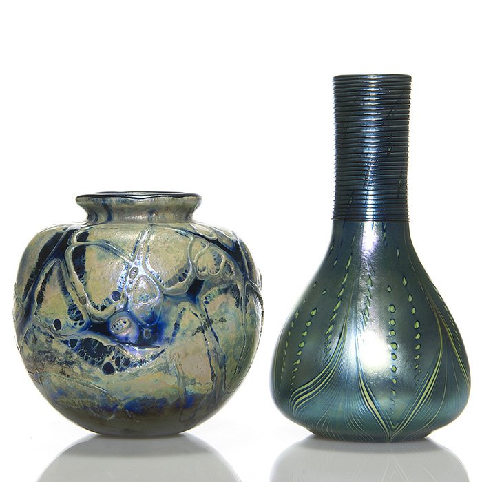 2 Contemporary art glass vases, 5 1/8” & 7 5/8”: Two contemporary art glass vases. 1. Early 5 1/8 inch round with an interesting ivory textured design overlaid with web patterns over cobalt blue. Signed “(possibly DH) Smith, ‘74” beneath. 2. 7