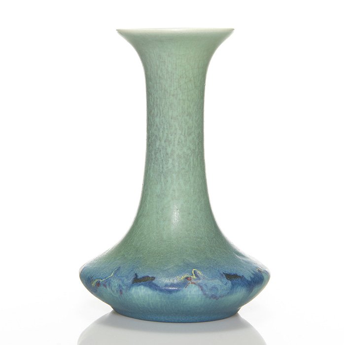 Rookwood mat vase, Todd, 1918, 497, 7 5/8”: Mat Glaze vase with floral decoration low on the body, the work of Charles Todd in 1918. Marked on the bottom with the Rookwood logo, date, shape 497, an impressed V for Vellum and Mr. Todd’s incise