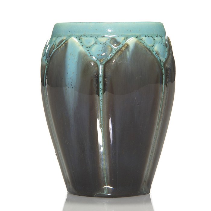 Rookwood glaze effect vase, 1932, 2090, 4 3/8”: Glaze Effect vase from 1932 with a turquoise glaze dripped over a dark gray for a nice crystalline effect. Marks include the Rookwood logo, date, shape 2090 and a cross shaped esoteric mark. Excellent