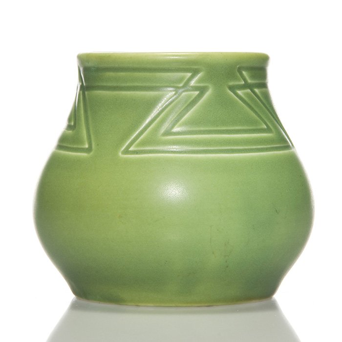 Rookwood Z-line vase, Sax, geometric, 1904, 3 7/8”: Rookwood Z-line vase with incised geometric designs around the collar, the work of Sara Sax in 1904. Marks include the company logo, the date, shape number 124 Z and Ms. Sax’s impressed monogram. He