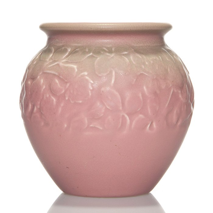 Rookwood pink-green production vase, 1930, 6 1/4”: Production 6 1/4 inch vase with nicely molded clover decoration, cast in 1930 and covered with green over pink mat glazes. Marks include the Rookwood logo, date, shape 6029 and a fan shaped esoteric m