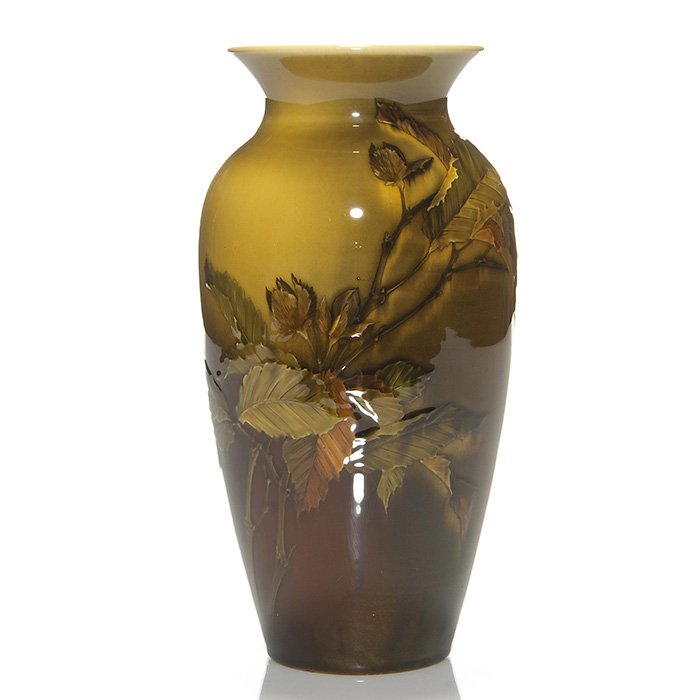 Rookwood Standard vase, leaves, ARV,1891, 9”: Standard glaze vase decorated with Beech leaves, the work of Albert Valentien in 1891. Marks include the Rookwood logo, which indicates the date, shape 568 B, an impressed W for White clay, an incised
