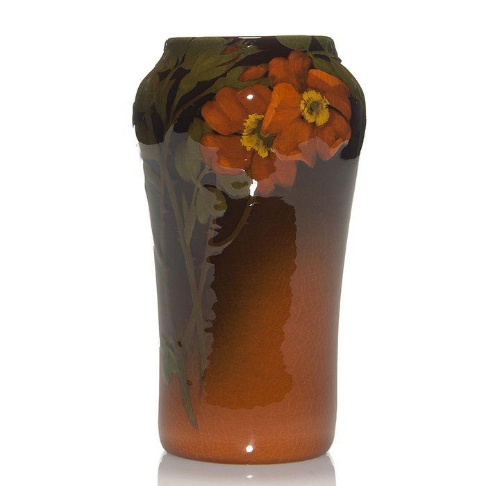 Rookwood Standard vase, roses,Mitchell,1903,7 3/8”: Standard glaze vase decorated with roses, the work of Marianne Mitchell in 1903. Marks include the Rookwood logo, date, shape 935 D and the artist’s incised monogram. There is also on the bottom a R