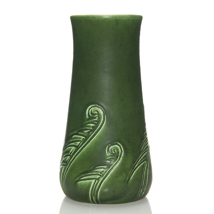 Rookwood Z Line vase, Toohey, 1904,578 CZ, 9 3/4”: Rookwood Z Line vase with hand modeled fern design and covered in a rich green mat glaze, the work of Sallie Toohey in 1904. Marks include the Rookwood logo, date, shape 578 CZ and Ms. Toohey’s impr