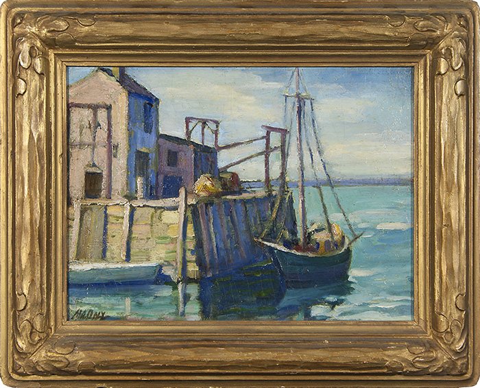 M.A. Daly O/B, boats at harbor, 9 5/8” x 13 1/8”: Rookwood artist M.A. Daly (Cincinnati 1860-1937) oil on board showing a small fishing vessel tied up to the dock. Signed lower left. Sight size is 9 5/8 by 13 1/8 inches. With frame 14 3/4 by 18 1/8 i