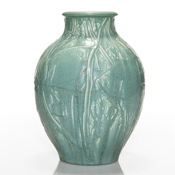 Rookwood Production vase, fish, 1930, 11”: Large production vase with a detailed scene of tropical fish swimming through a bed of kelp, a Shirayamadani design, cast in 1930 and covered with a light blue mat glaze over which a green glaze was d