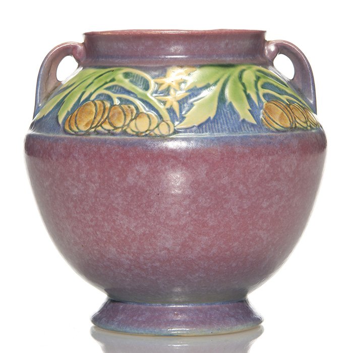 Roseville Baneda vase, 6”, rose, shape 591: Shouldered Baneda vase under a fine rose glaze over a nice mold. Shape 591 is written in red crayon beneath with a 3 and O in blue. Height 6 inches. Excellent beautiful condition.