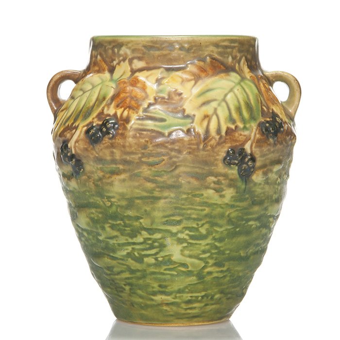 Roseville Blackberry shouldered vase, 6”, 571: Blackberry shouldered vase with handles, shape 571. Height 6 inches. Unmarked. Well detailed with nice color. Excellent condition.