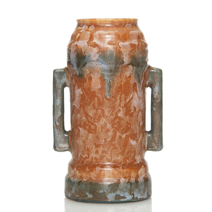 Roseville Futura “Beer Mug” vase, shape 381-6”: Roseville Futura “Beer Mug” vase, shape 381-6”, appearing to have been glazed in the traditional color scheme for the piece and then having a pink Carnelian II glaze added. Unmarked but having a