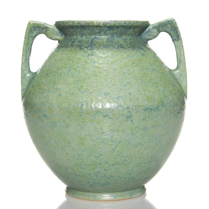 Roseville Carnelian II glaze vase, 10”, shape 337: Handsome Carnelian II glaze vase with a nice turquoise glaze modestly covering the light and dark blue Carnelian I glaze beneath. Shape 337. Height 10 inches. Nicely mottled, wonderful texture. Excell