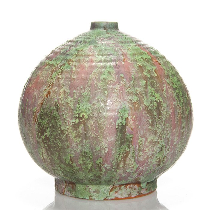 Roseville Carnelian II small “Beehive” vase, 440-8”: Roseville Carnelian II small “Beehive” vase, shape 440-8”, covered in a great combination of gloopy green over pink glazes. Marked on the bottom 440 in orange crayon and having an original Rosev
