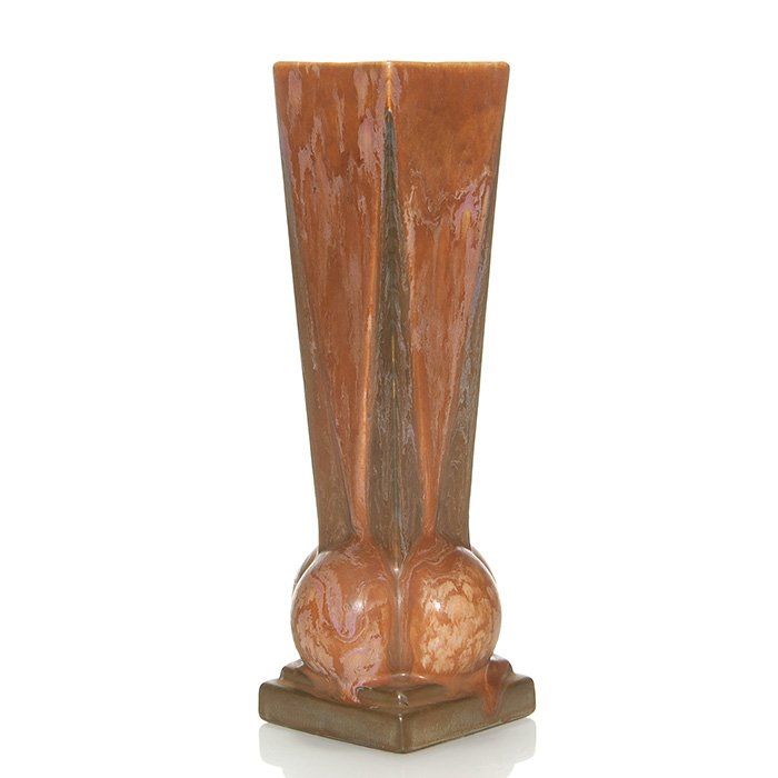 Roseville Futura “Four Ball” Vase, shape 393-12”: Roseville Futura “Four Ball” vase, shape 393-12, done in the traditional orange and brown glazes and then having a pink Carnelian II glaze added. Unmarked but having an original Roseville Pottery 