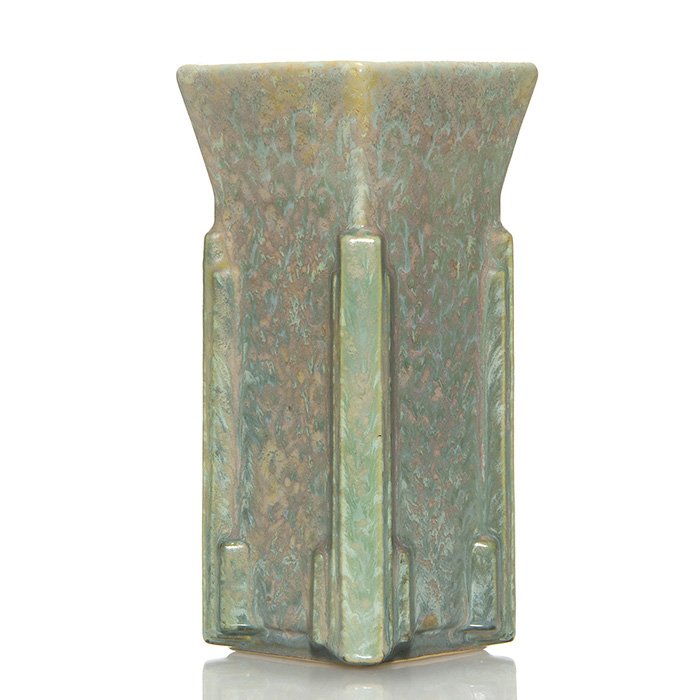 Roseville Futura “Milk Carton” vase, 402-8, 8 1/8”: Roseville Futura “Milk Carton” vase, shape 402-8” covered in a green and pink example of the Carnelian II glaze. Unmarked. Excellent original condition. Height is 8 1/8 inches.