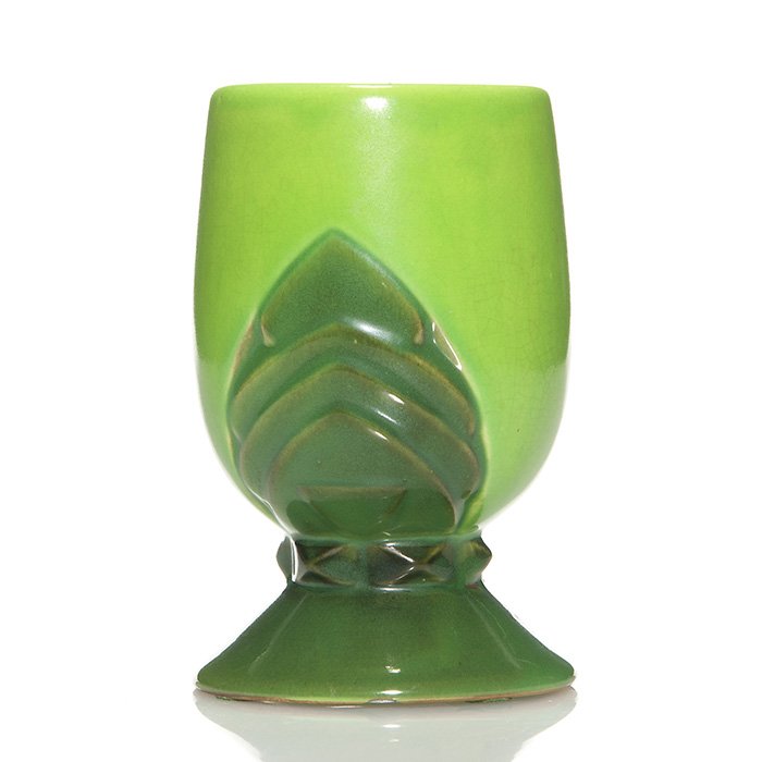 Rare Roseville Futura “Chalice”, 396-5.5, 5 1/2”: Rare Roseville Futura “Chalice”, shape 396-5.5”. Has the majority of an original Roseville Pottery sticker on the base. There is fine overall crazing, a tight 1/2 inch line descending from the r